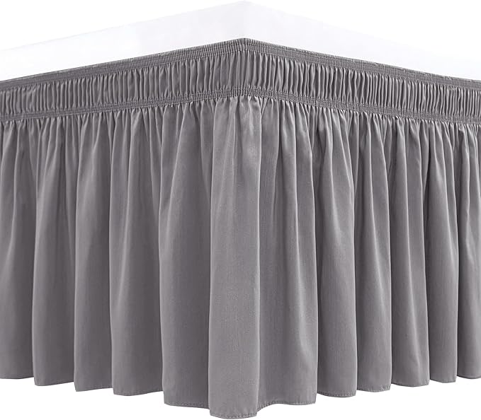 Biscaynebay Wrap Around Bed Skirts for Full & Full XL Beds Extra Short Drop of 9", Silver Grey Elastic Dust Ruffles Easy Fit Wrinkle and Fade Resistant Silky Luxurious Fabric Solid Machine Washable