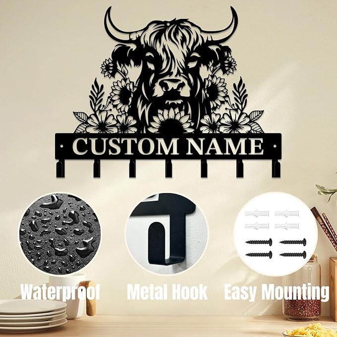 magilab Personalized Custom Highland Cow Wall Hooks,Metal Highland Cow Art Clothes Hooks,Metal Highland Cow Wall Home Storage Decorative,for Front Door, Hallway, Kitchen, Bedroom,Keys,Hats (Style L)