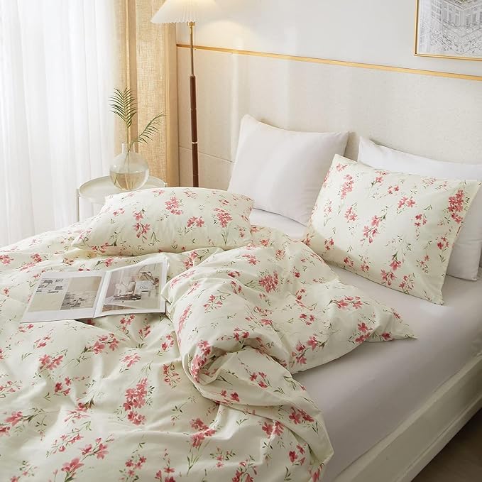 Boho Floral Duvet Cover Twin Soft Cotton Pink Floral Bedding Set Twin Chic Garden Style Cute Flower Pattern Duvet Cover Vintage Floral Botanical Comforter Cover 1 Twin Duvet Cover with 2 Pillowcases