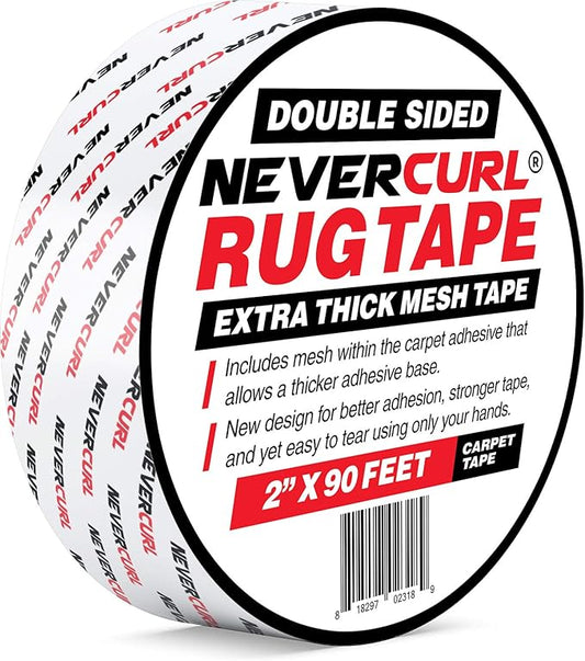 iPrimio NeverCurl Double Sided Extra Thick Rug Tape with Mesh Fabric - 2" by 90 Feet Roll - Anti Slip Non Skid Gripper Tape for Rugs, Mats, Pads, Runners - Indoors - Hardwood Tiles Laminates