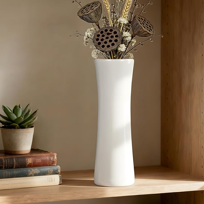 12 Inch White Vase Ceramic Flower Vase, Tall Vases for Pampas Grass, Home Decor, Modern Textured Vases for Living Room Decorations,Table Centerpieces,Shelf,Farmhouse Small Ceramic Vase