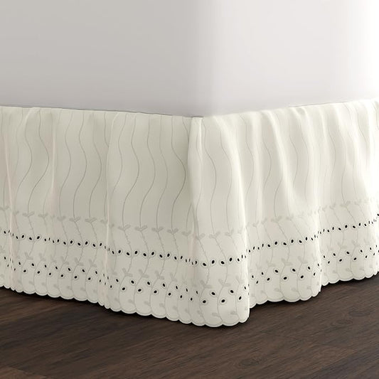 Fresh Ideas Eyelet Bed Skirt, Ruffled Design, 14 Inch Drop, Embroidered Scalloped Edge, King, Ivory