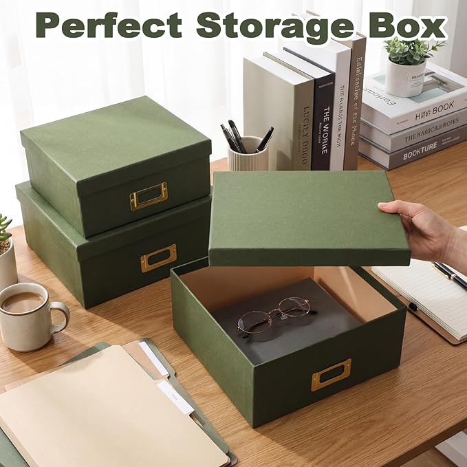 Eaasty Set of 4 Decorative Storage Boxes with Lids, Kraft Paper Boxes with Gold Label Holders, Decorative Photo Memory Keepsakes Storage, Cardboard Organizers for Home Decor, Office Organizing (Green)