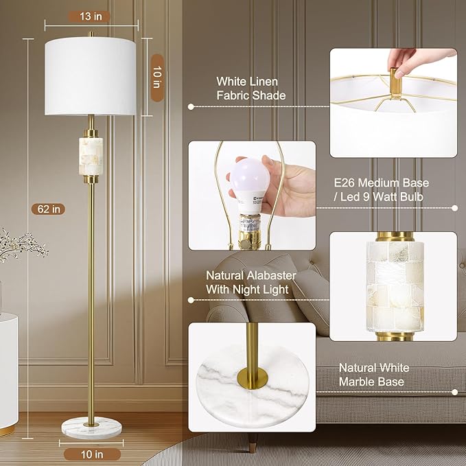KIVDITZO Floor Lamps for Living Room with Night Light, Alabaster Standing Lamp with Linen Shade, Rotary Switch, Marble Tall Lamp, Gold Floor Lamps for Bedroom Living Room Office (Bulb Included)