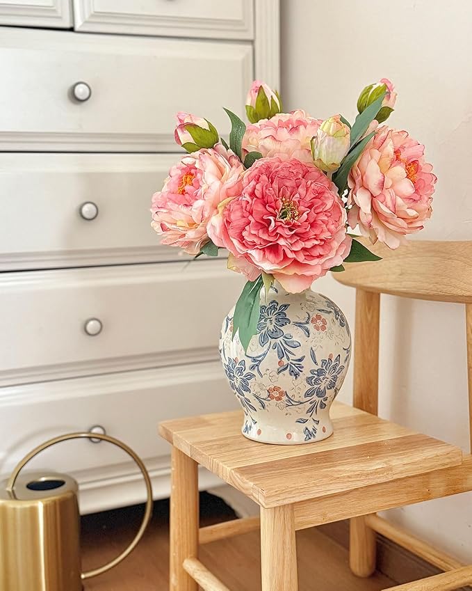 Vintage Blue and White Ceramic Vase, Classic Decorative Porcelain Flower Vase for Centerpiece Living Room Table Shelf, Chinoiserie Country Decor