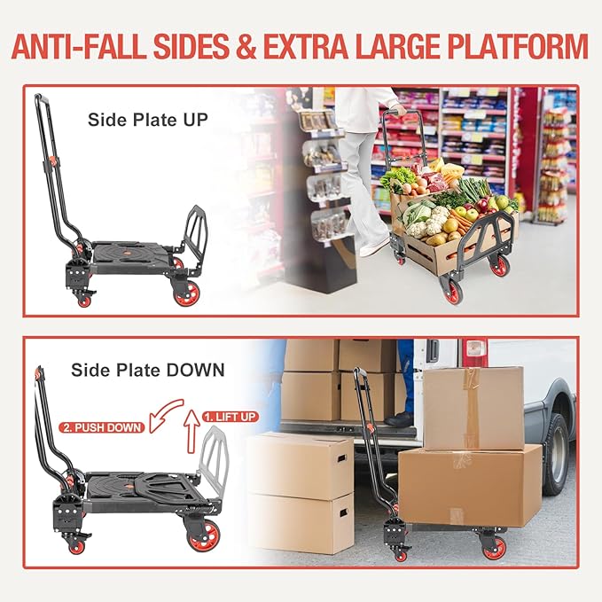 2-in-1 Hand Truck Dolly Foldable,330LB Folding Hand Truck Heavy Duty Carrying, Combination of 4 Wheels and 2 Wheels Convertible Dolly Cart with Retractable Handle cart for Moving Office Carts