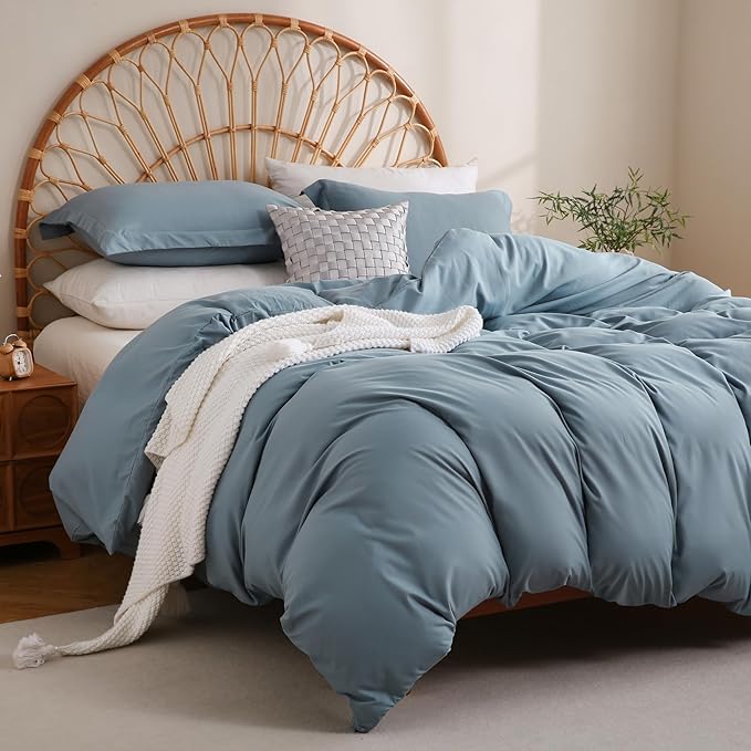 JSD Dusty Blue Duvet Cover Set King Size, 3 Piece Duvet Cover with Pillow Shams, Soft Brushed Microfiber Zipper Closure, Comforter Not Included