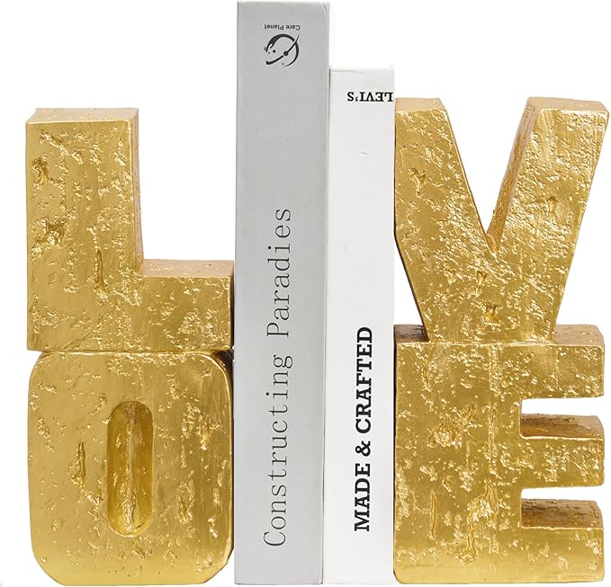 Book Ends Decorative Love Design,Modern Heavy Duty Gold Bookends for Shelves,Resin Book Holders, Book Stoppers for Home Desk Decoration, Unique Love Sculpture Bookends,Gifts for Christmas's Day