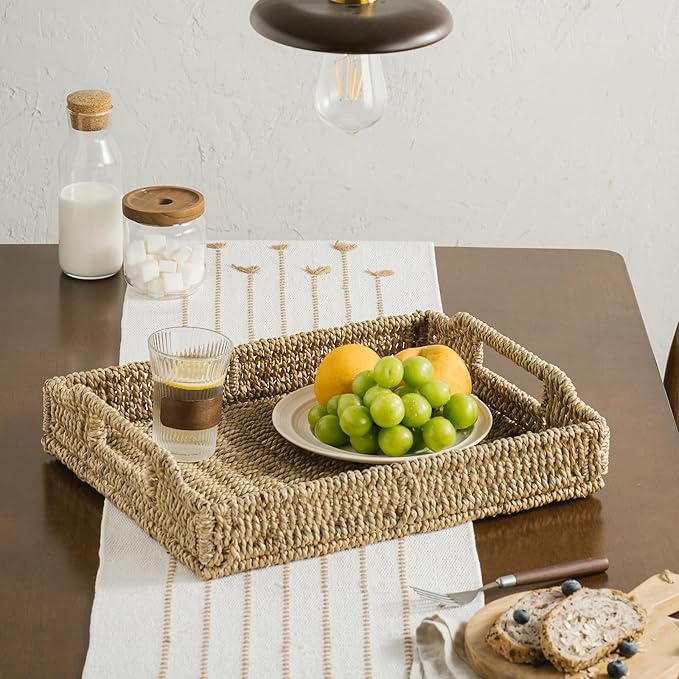 Wicker Scalloped Serving Tray with Handles - Seagrass Handwoven Trays,Water Hyacinth Tray for Home Decor and Living Room, Dining Table, Bathroom Organizing, 17.3" L x 13.4" W x 3.6" H