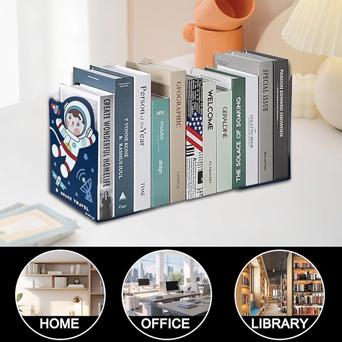 2 Pack Metal Bookends,Non-Slip Cartoon Boy Astronauts Book Stopper,5.3"x3.9"x8"Heavy Duty Premium Space Travell Decorative Book End, Supports for Kids Children Shelves,Room,School,Learning Gifts
