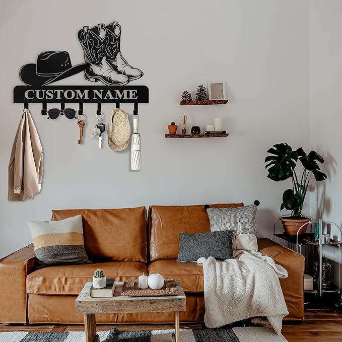 Personalized Cowboy Coat Hooks, Cowboy Boots and Hat Key Holder for Wall, Clothes Cowboy Hat Rack and Backpack Hanger, Western Wall Decor, Metal Key Rack Organizer for Storage Hallway Office Color04