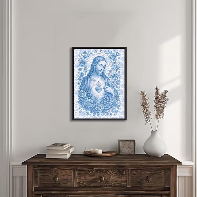Framed Blue Sacred Heart of Jesus Canvas Wall Art Divine Mercy Wall Decor Jesus Portrait Pictures Catholic Artwork Christian Religious Poster Prints for Living Room Prayer Room Church 12x16in