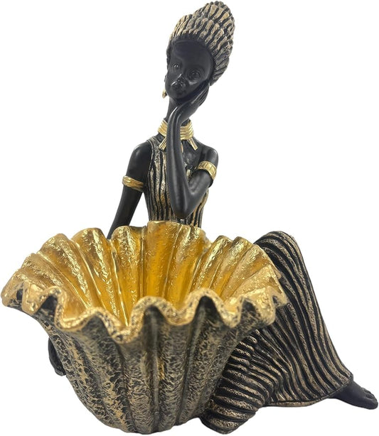 African Woman Sitting Figurine with Leaf-Shaped Bowl – Resin Statue, Black and Gold Cultural Sculpture, African Home Decor Trinket Dish