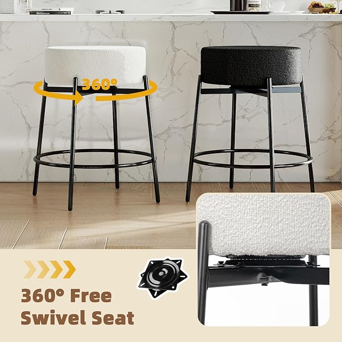 SoarFlash Modern Rotatable Bar Stools Set of 2, 24" Sherpa Swivel Counter Height Stools with Round Soft Padded Boucle Backless Seat, Black