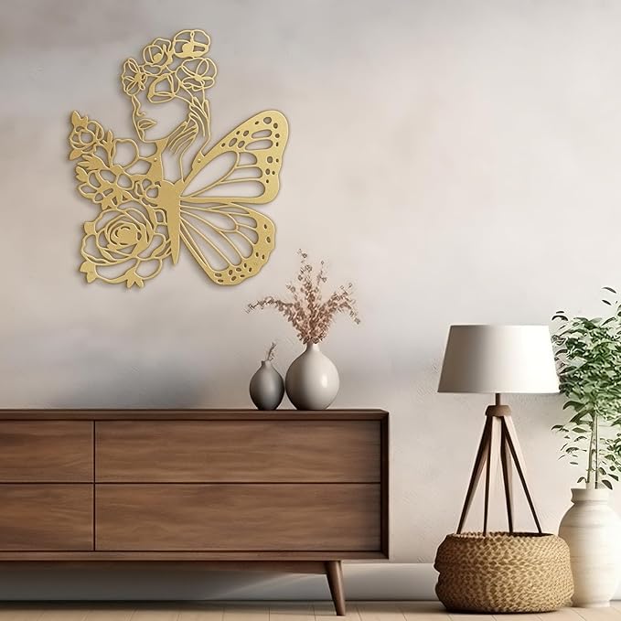 SIGNLEADER Metal Wall Art Decor Woman with butterfly Wings Minimalist Modern Abstract Wall Sculpture Hangings Home Decoration for Living Room, Bedroom, Bathroom, Kitchen, Outdoor - 18" Gold
