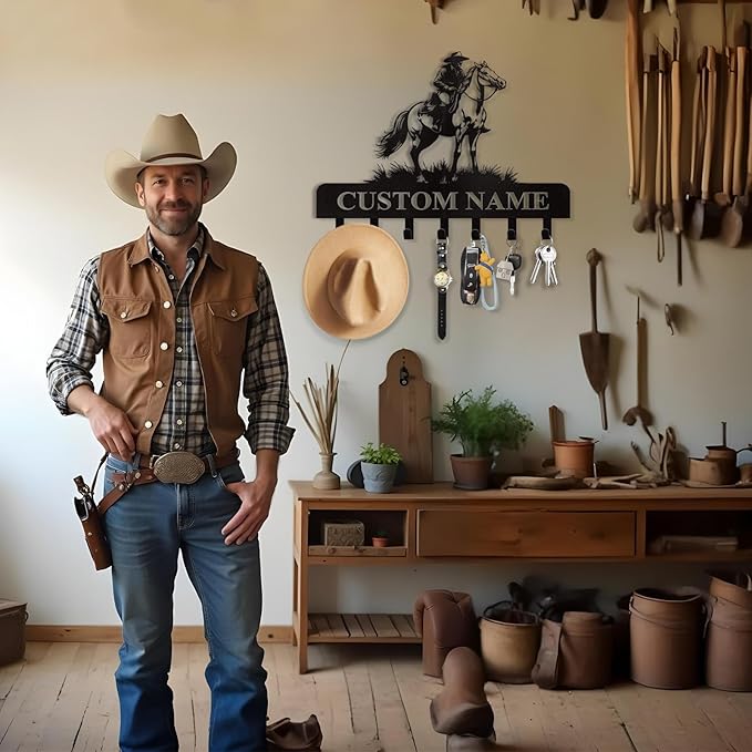 Personalized Cowboy Coat Hooks, Cowboys Horse Key Holder Wall Mount, Clothes Cowboy Hat Rack and Backpack Hanger, Western Wall Decor, Metal Key Rack Organizer for Living Room Bedroom Color01