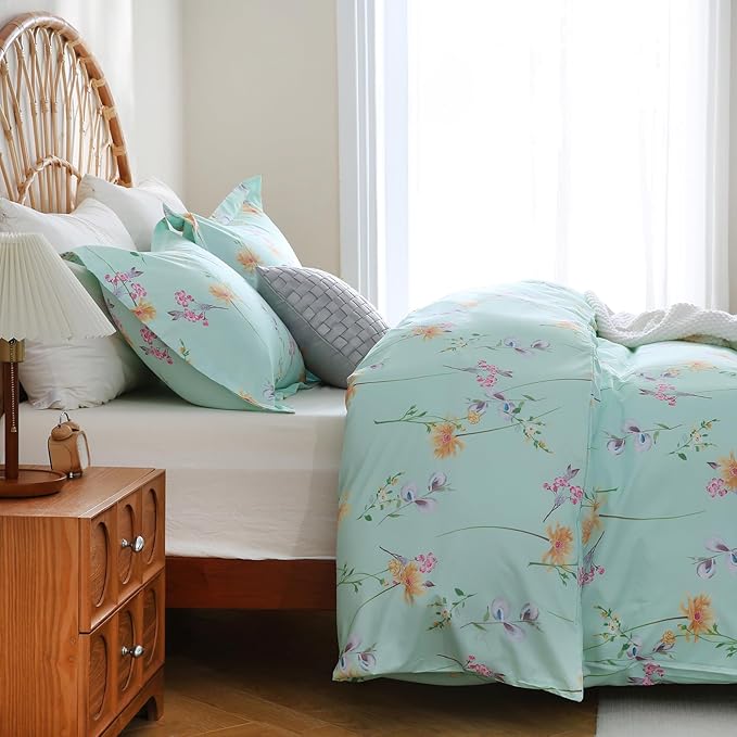 JSD Green Floral Duvet Cover Set Queen Size, 3 Piece Botanical Printed Microfiber Comforter Cover with Corner Ties Zipper Closure