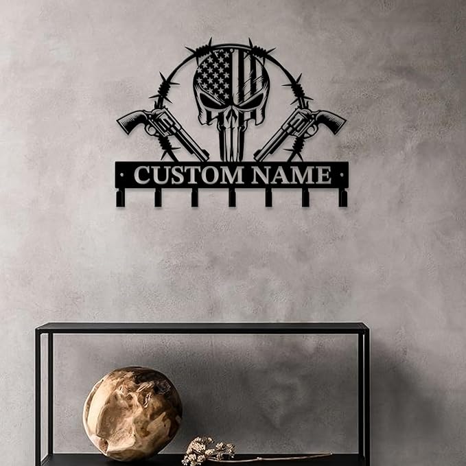 Personalized Custom Name Gun Wall Hooks,Metal Gun Room Art Clothes Hooks,Metal Gun Wall Home Storage Decorative,For Front Door, Hallway, Kitchen, Bedroom,Keys,Hats (Style M)