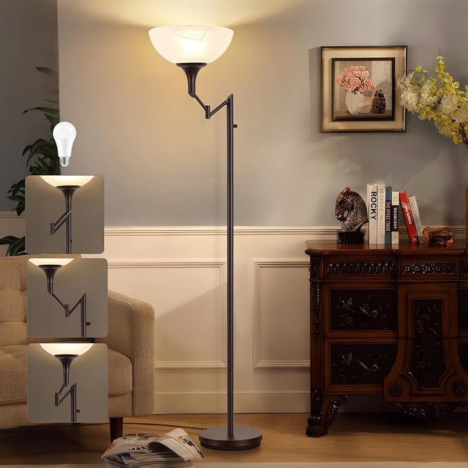 EJIAXIN Floor Lamps for Living Room Bronze, 71" Tall Standing Lamp with Glass Shade, Vintage Floor Lamp with 350°Adjustable Swing Arm Lamp, Pole lamp for Bedroom, Living Room, Office, Bulbs Included