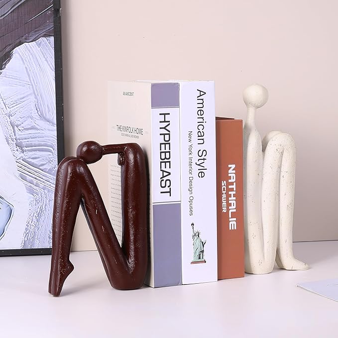 Thinker Statue Decorative Bookends,1 Pair/2 PCS Book Ends for Shelves Unique Modern Book Stopper for Heavy Books, Abstract Aesthetic Decor, Modern Home Bookshelf Decoration (White and Red Brown)