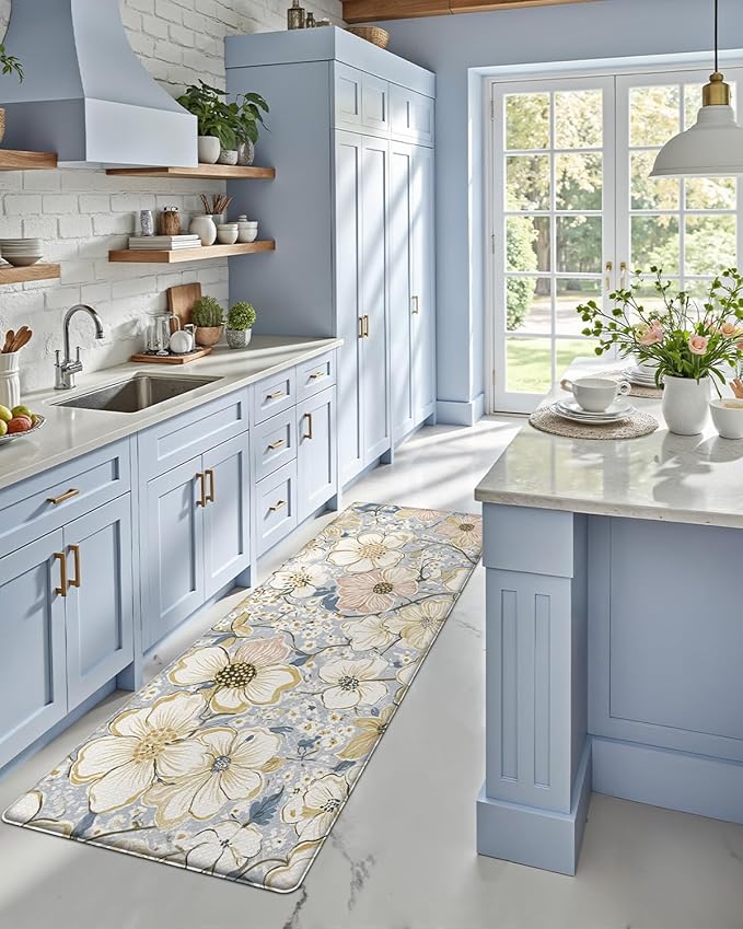 DEXI Kitchen Mats for Floor, 17x59, Cushioned Standing Mat Anti Fatigue, Waterproof Comfort Floral Padded for Laundry Room Office, Blue and Yellow