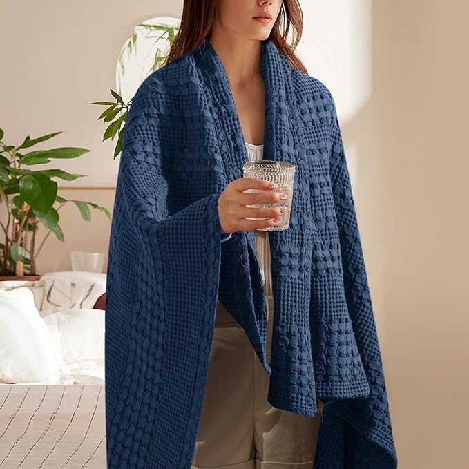 PHF 100% Cotton Waffle Weave Throw Blanket, Soft Lightweight Breathable Cozy Throws for Couch Bed Sofa, 300 GSM Luxury Aesthetic Blanket Gift for Home Decor & Office, 50"x60", Bright Navy