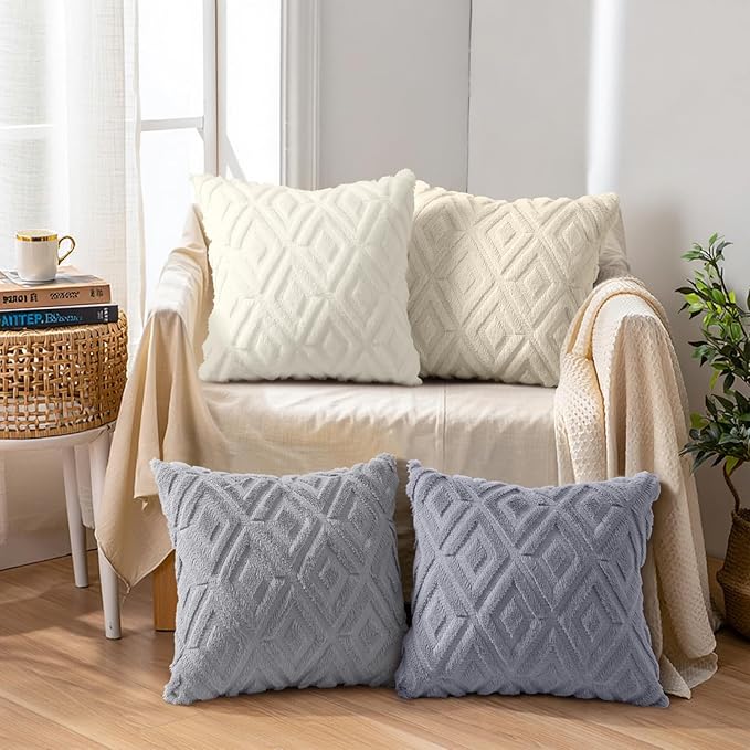decorUhome Pack of 4 Faux Fur Throw Pillow Covers 16x16, Soft Decorative Couch Pillow Covers with Velvet Back for Modern Sofa Living Room, Grey/Beige