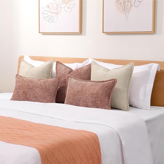 DEZENE Pack of 2 Dusty Pink Decorative Throw Pillow Covers 16x16 Cozy Soft Chenille Accent Vintage Square Couch Pillow Covers for Home Decor Bed Sofa Living Room