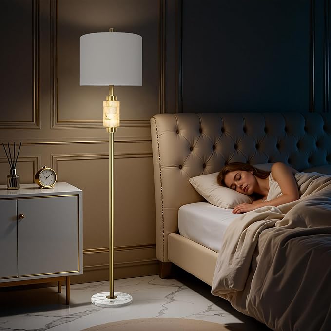 KIVDITZO Floor Lamps for Living Room with Night Light, Alabaster Standing Lamp with Linen Shade, Rotary Switch, Marble Tall Lamp, Gold Floor Lamps for Bedroom Living Room Office (Bulb Included)