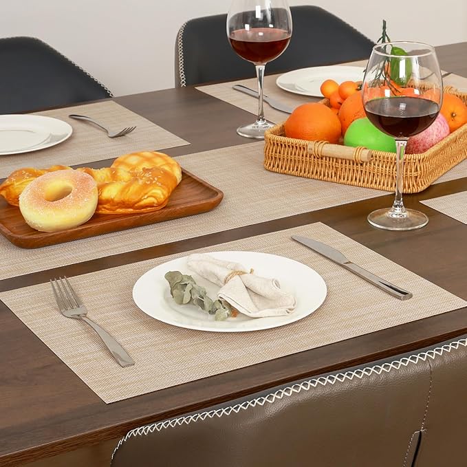 Myir JUN Placemats Set of 4, Vinyl Woven Placemats Place Mats Indoor Set of 4 Washable Table Mats Non-Slip Place mats for Dining Table (A-Beige, Set of 4)