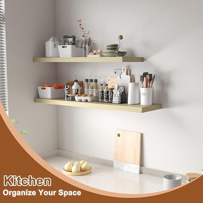 12 Inch Deep Floating Shelves for Wall 3 Pack Floating Shelfs Large Storage Space Wall Decor Display Shelf for Bathroom Living Room Bedroom Kitchen 23.8" W x 12" D x 1.2" H Natural Wood