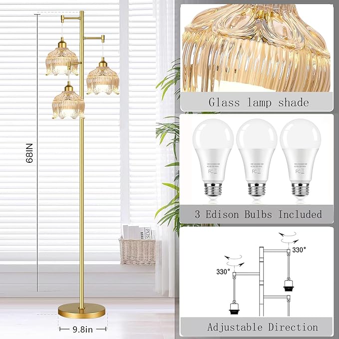 ZECOXOL Gold Floor Lamps for Living Room Bedroom-3 Light Glass Floor Lamp with Three Led Bulb,Mid Century Standing Lamp Vintage Brass Tall Lamp Tree Floor Lamp for Bedroom Corner