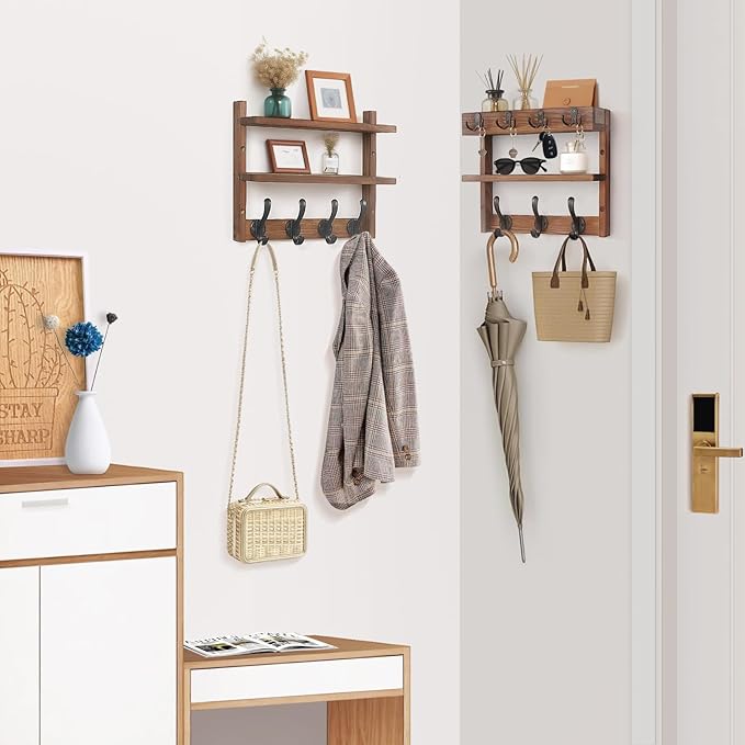 29" Coat Rack Wall Mount with Shelf, Pine Two-Tier Wall Shelf Mounted Coat and Key Hanger with 7 Heavy Duty Hooks 4 Key Hooks, Entryway Key Holder with Mail Holder for Bedroom,Living Room (Brown)