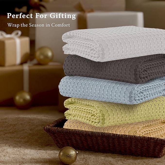 Threadmill Cooling Cotton Waffle Queen Size Blanket | Breathable, Lightweight & Ultra-Soft | Made from Rayon Derived from Bamboo | Cooling Throw Blanket for Couch and Sofa | 90 x 92 Inches | Beige