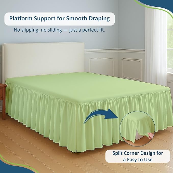 Rajlinen Ruffled Bed Skirt Full XL, 12 Inch Drop Dust Ruffle with Split Corners, 100% Microfiber Bedskirt with Platform, Three-Sided Coverage Ruffled Gathering Design, Sage