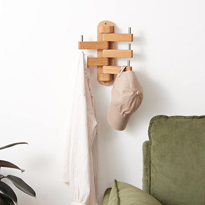 Oak Wood Coat Hooks, Coat Rack Wall Mount Swivel & Heavy Duty Wall Hooks for Bedroom, Entryway, Living Room, Bathroom,Office, Classroom