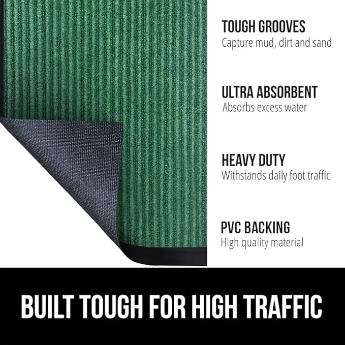 GORILLA GRIP Waterproof Traffic Guard Door Mat, 60x36, Heavy Duty Entryway Mats, Strong Backing Commercial Utility Rugs for Office Hallway, Garage Floor and Home, Low Profile Carpet Runner, Green