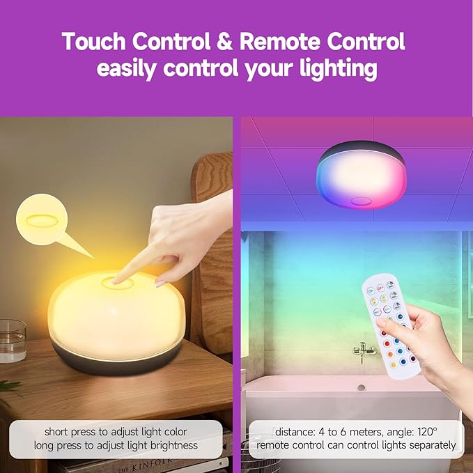 2PACK Rechargeable LED Shower Light with Remote, 15 RGB Colors Mood Lighting Without Wiring,Dimmable Ceiling Light for Bathroom Living Room Closet Bedroom
