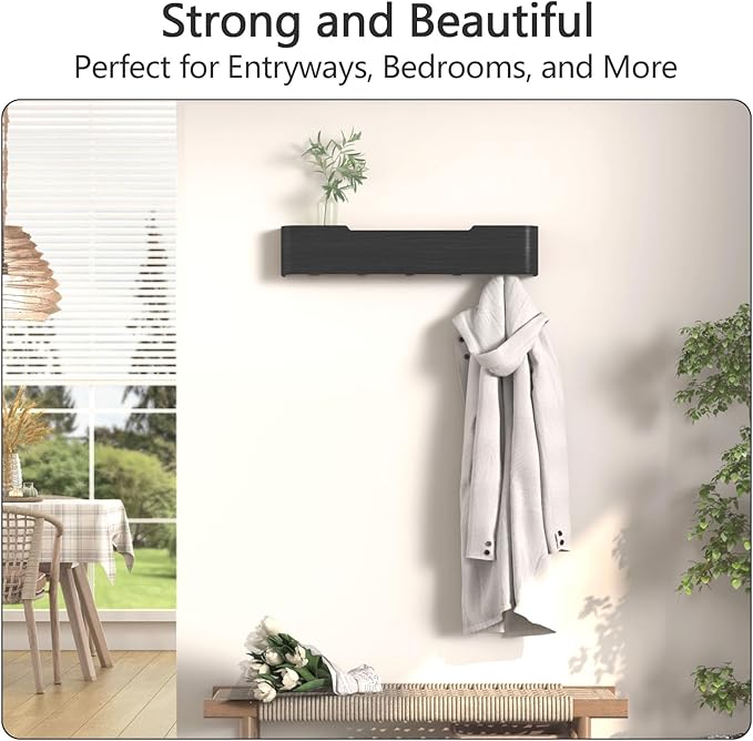 Coat Rack Wall Mount with Shelf 5 Hidden Hooks Modern Wooden Key Holder Entryway Organizer for Hallway Bedroom Bathroom Home Decor Storage for Hanging Coats Hats Bags Towels, Black