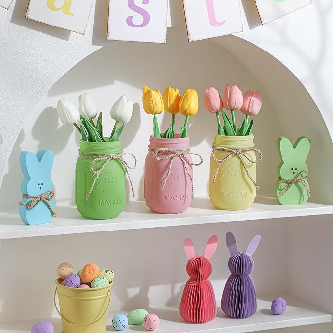 Spring Decorations, Spring Mason Jar Centerpiece for Table with Wood Tray & Artificial Tulips, Tulip Decorative Jars for Farmhouse Home decor, Easter Table Decor, Easter Decorations for Home Office