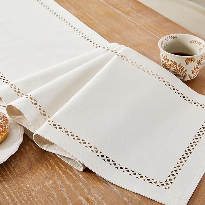 Burlap Style Farmhouse Table Runner, 13 x 72 Inch Off White, Rustic Geometric Hollow Table Runners 72 Inches Long for Dresser Table Everyday Use, 13x72 Inches, Off White