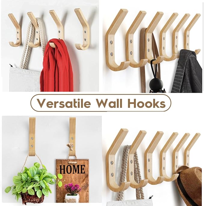 Wooden Coat Hooks Wall Hooks,Rustic Natural Oak Wood Wall Hooks for Hanging Decorative Vintage Organizer Heavy Duty Entryway Wall Mounted Hangers Hooks for Hat Rack,Coats,Towels, Key,Bags(6 Pack)