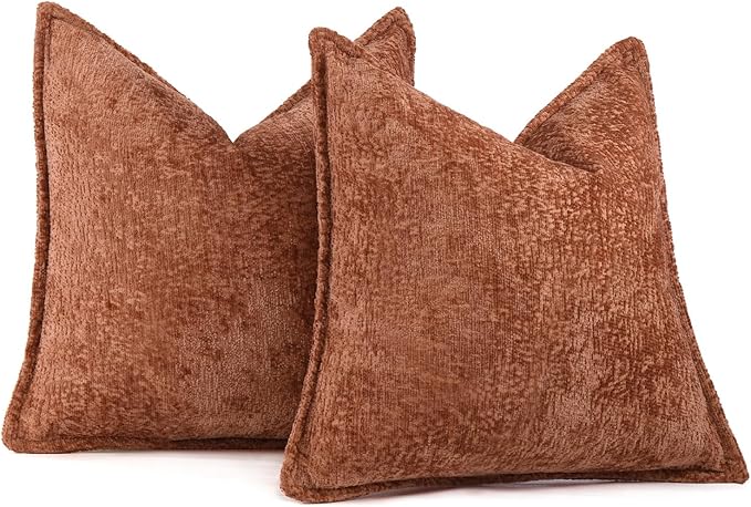 DEZENE Pack of 2 Burnt Orange Fall Euro Shams Pillow Covers 26x26 Cozy Soft Chenille Decorative Throw Pillow Covers Accent Vintage Square Couch Pillow Covers for Home Decor Bed Sofa Living Room