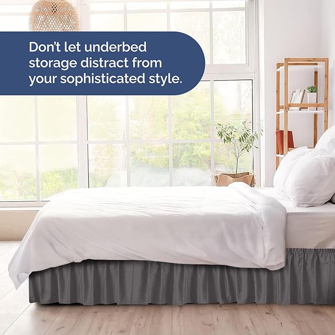 Wrap Around Dust Ruffle Bed Skirt - Dark Grey - for Queen Size Beds with 12 Inch Drop - Elastic Strap - Adjustable Pleated Bedskirt with Brushed Fabric and Wrinkle Free - for Women, Men, Kids & Teens