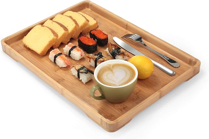 Bamber Large Bamboo Serving Tray Decorative Coffee Tea Platter 18 x 13 x 1.2 Inches
