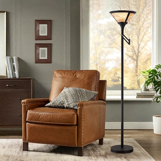 EJIAXIN Floor Lamps for Living Room - 70" Black Torchiere Standing Floor Lamp with White Mica Shade - Tall Corner Lamp Decor for Bedroom with Adjustable Swing Arm LED Reading Light for Home Office