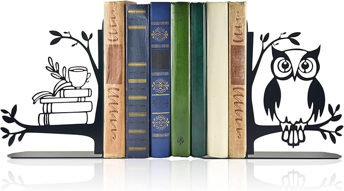 Owl and Books Metal Bookends Cute Owl Book Ends for Shelves Bookshelf Decorative Objects Home Office Desk Gift for Owl Lover（Black）