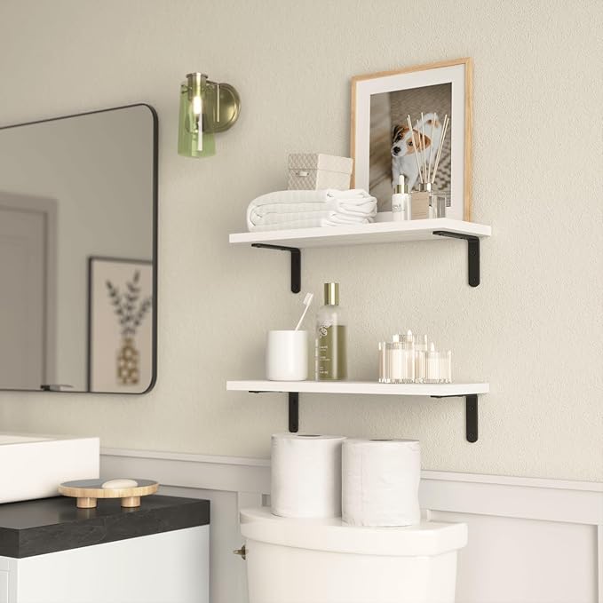 RICHER HOUSE Floating Wall Shelves, Rustic Wood Bathroom Shelves Set of 2, Farmhouse Style Shelf for Décor, Hanging Bedroom, Storage, Kitchen, Living Room - White