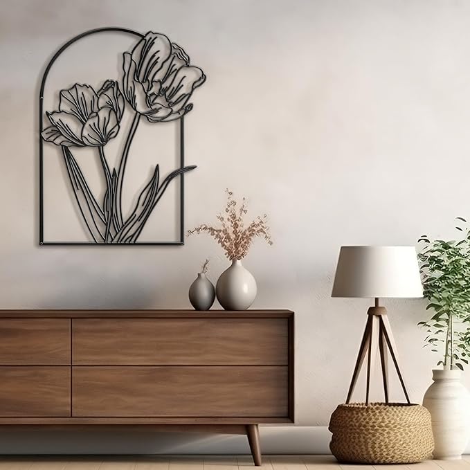 SIGNLEADER Metal Wall Art Decor Sketches & Line Art of Flowers Modern Abstract Wall Sculpture Hangings Home Decoration for Living Room, Bedroom, Bathroom, Kitchen, Outdoor - 18" Black