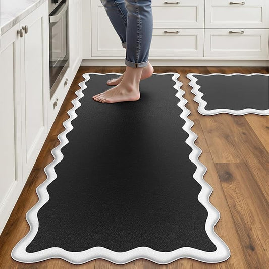 Scalloped Black White Kitchen Mats Rugs Sets of 2 Cushioned Anti Fatigue Floor Mat Waterproof Kitchen Rugs Non Slip Foam Comfort Standing Mat for Sink Laundry